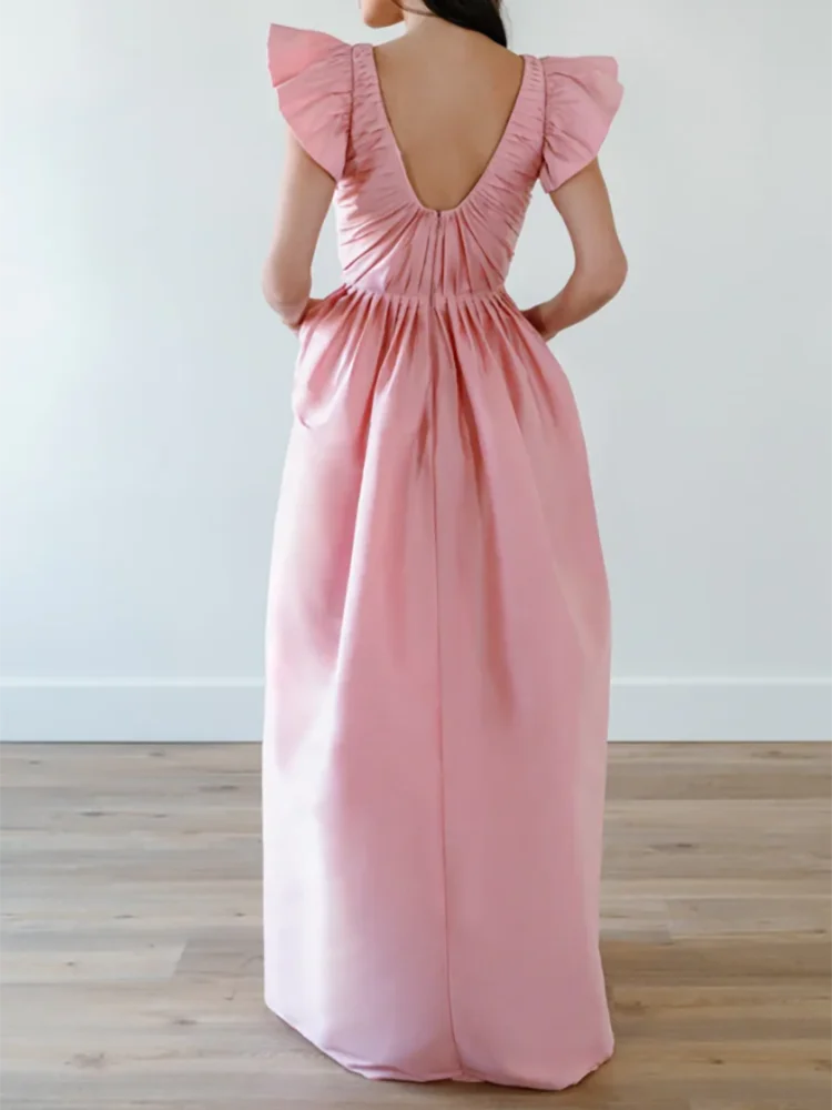 Robe de soirée trapèze froncée rose classique, col en v, robes de bal d'anniversaire personnalisées