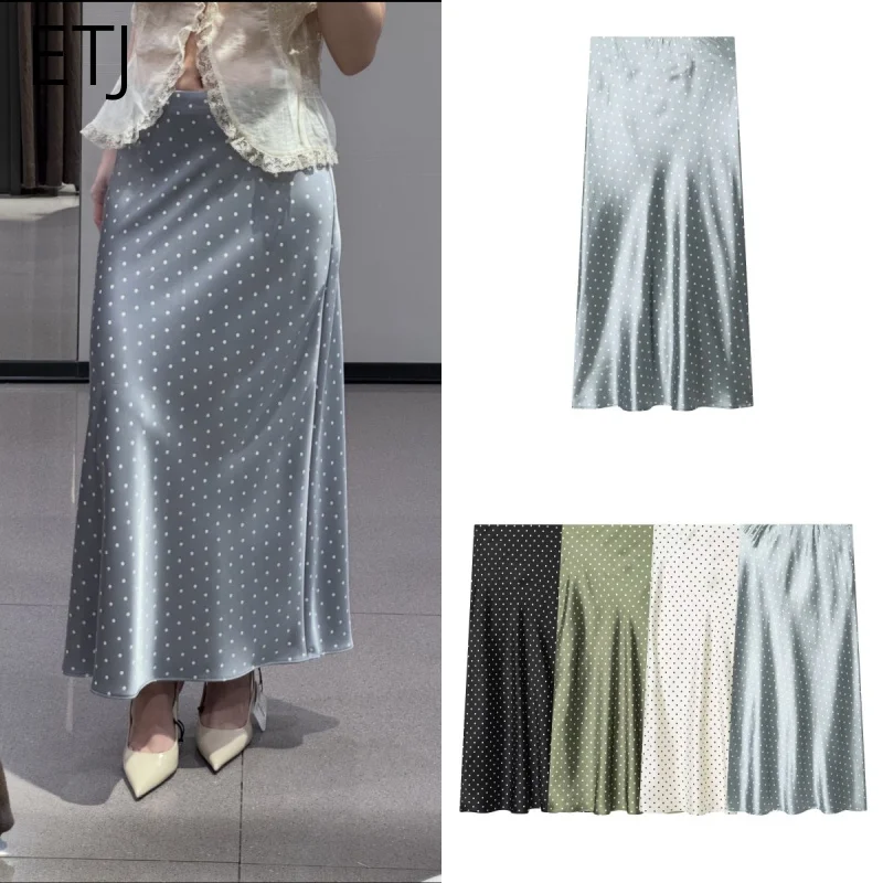 ETJ Women's 2026 Spring Polka Dot Midi Skirt High Waist Satin Flowy Long Skirt Elegant Office Party Wear Vintage Fashion