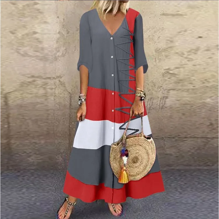 Fashion Patchwork V-neck Muslim Dress Women Abaya Summer Print Long Dress for Women Short Sleeve Single-breasted Cardigan Robes