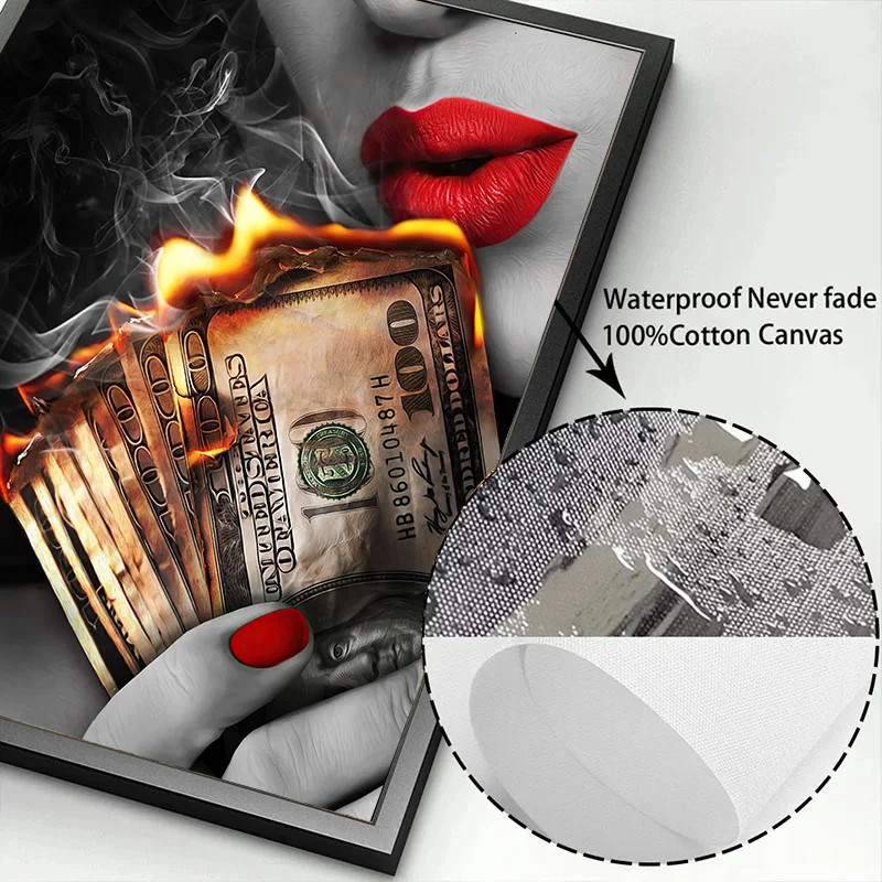 Sexy Red Lips Women Burning Money Cash Posters and Prints Canvas Paintings Fashion Girl Portrait Wall Art Picture Bar Home Decor - view 6