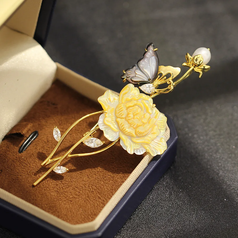 OKILY Chinese Style Luxury Exaggerated Natural Yellow Peony in Shell Carving Brooches Black Shell Butterfly Freshwater Pearl Pin