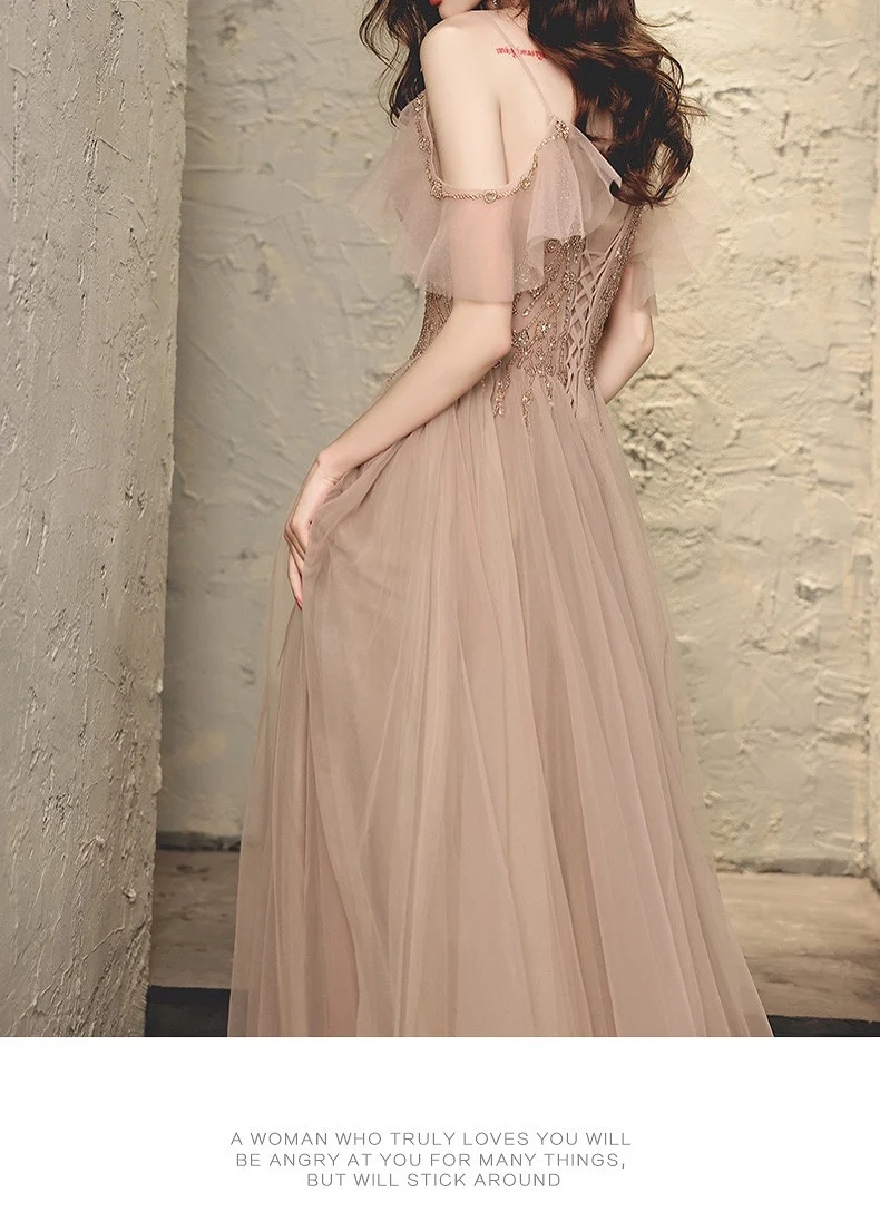 New Sexy Prom Dresses Spaghetti Strap V-Neck Long A-line 2021 Luxuruy Exquisite Sequins Beading Tulle Ceremony Evening Gowns