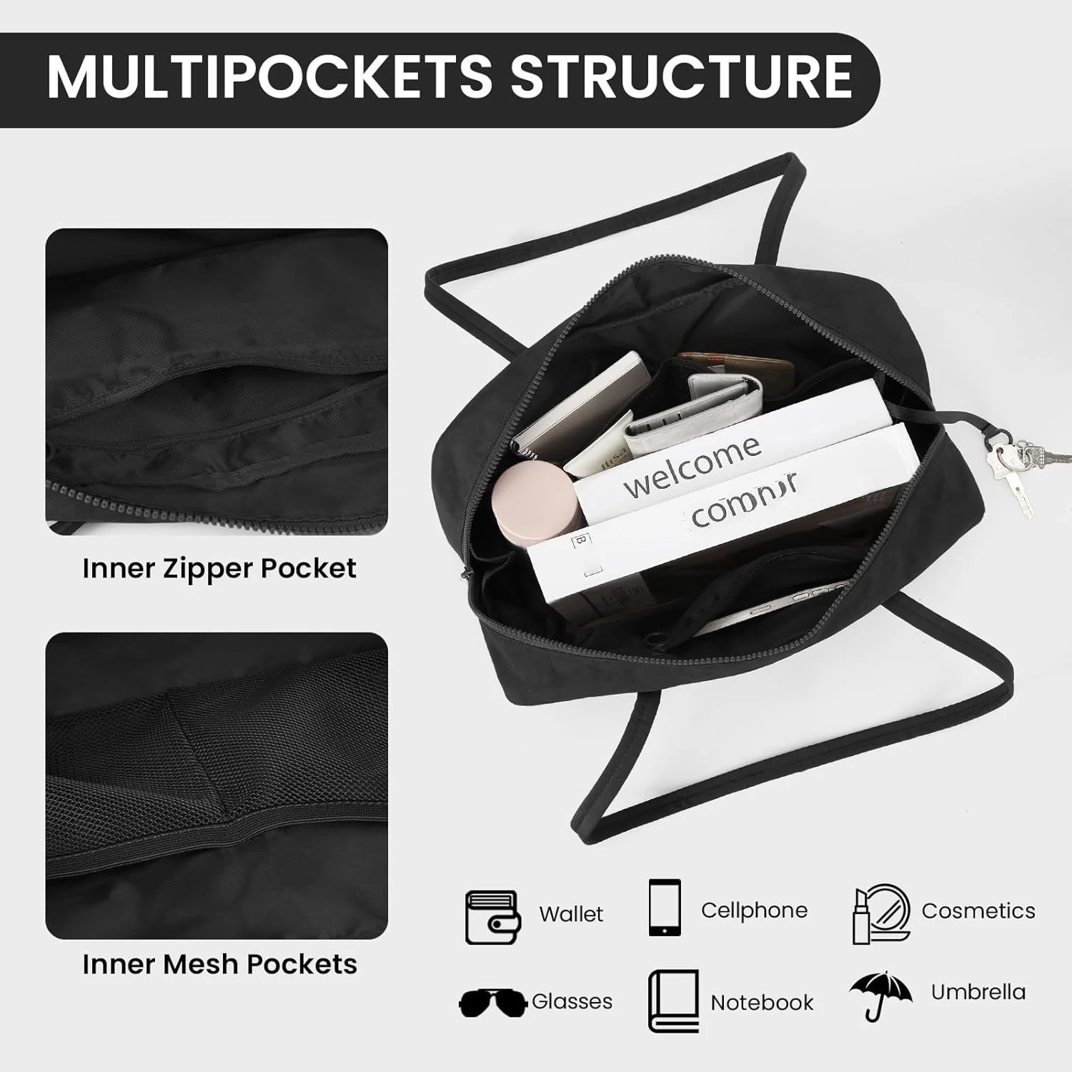 Nylon-Tragetasche Bowler-Tasche Damen Schultertasche mit Schlüsselanhänger-Clip, Leichte Reißverschluss-Handtasche für Alltag Arbeit Reise Fitness Geschenk für Mama – Detail 4