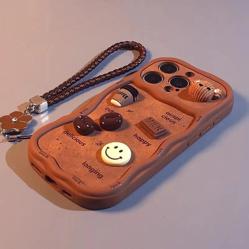 

Suitable for Iphone 3D Cute Coffee Brown Wavy Edge Phone Case with Lanyard Soft Silicone Cover Perfect Gift for Girls Firends