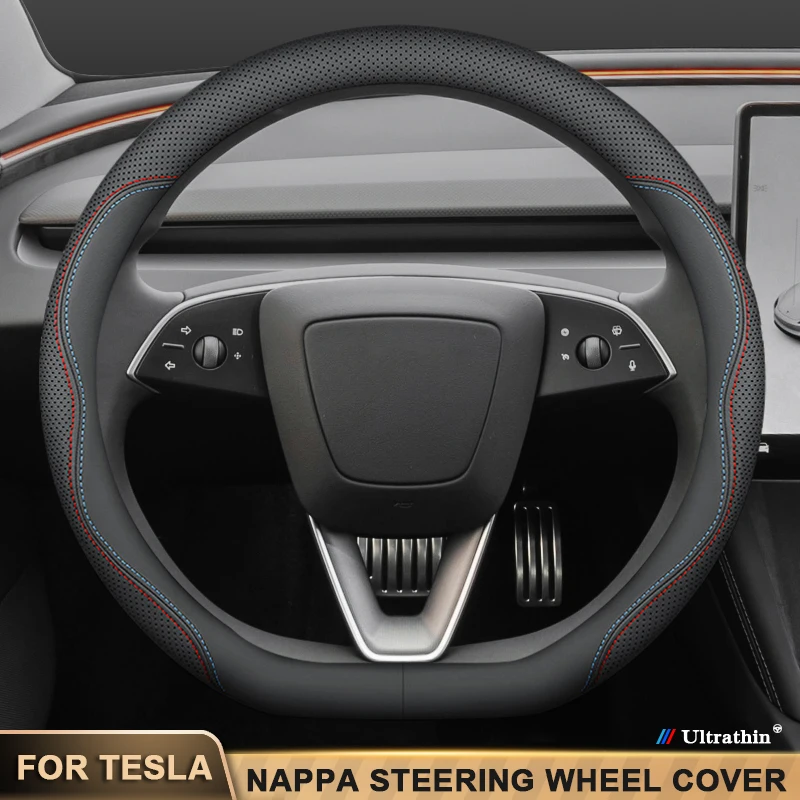 

Ultra-Thin Nappa Leather Steering Wheel Cover For Tesla Model 3 Model Y Model X Model S Breathable Non-Slip Interior Accessories
