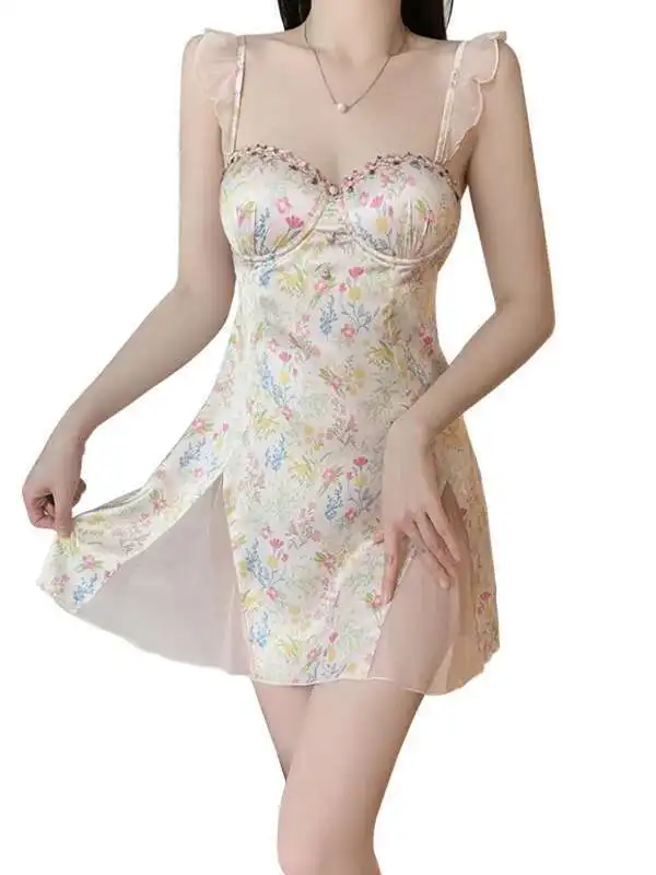 Vestido Sexy con bordado de flores y ventilación, vestido sin mangas con tirantes en V profundo y espalda descubierta, vestido de estilo informal de puro deseo, encantador y dulce 5FT4