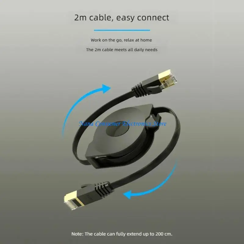 G7NE Pull-Out Ethernet Cable CAT6 RJ45 2m Flat Cord, Portable Gigabit Internet Cable with Storage Case for Laptop Desktop Office