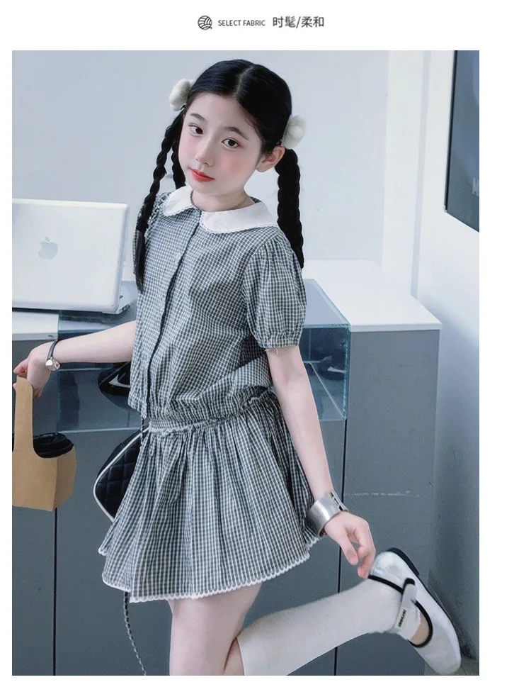 2026 New Teenage Casual Plaids  Clothing Suits,  Baby Girls Fashion 2 Piece Sets,  Top + Skirts   5 -12 T