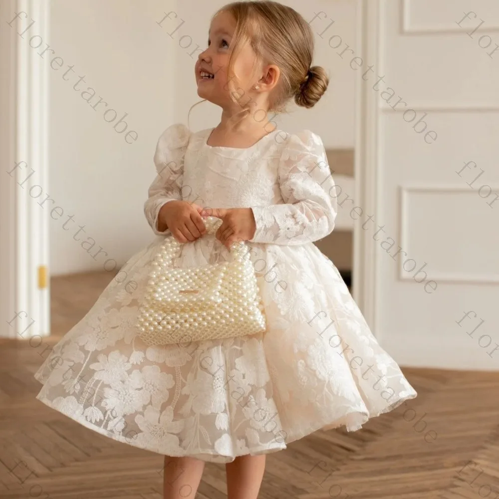 Customized Ivory Flower Girl Dress A Line Knee Length Square Neck Long Puff Sleeve Floral Lace Overlay Vintage Wedding Kids Gown