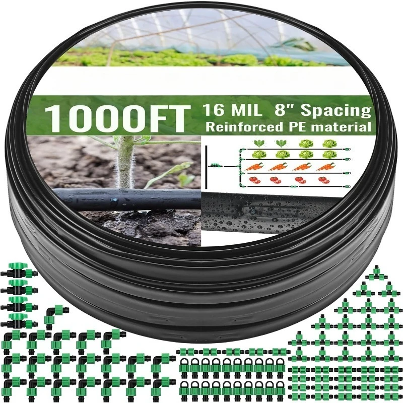 

1000 ft 5/8 Inch Drip Tape Irrigation Kit Drip Tape 16 Mil 8" Spacing Hose Garden Watering Tubing System Automatic Irrigation Eq