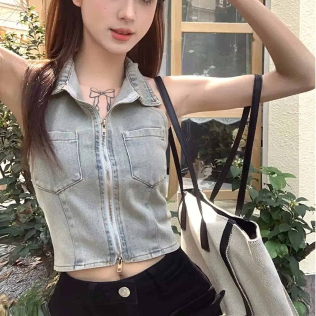 

Women's Retro Denim Vest Halter Sleeveless Backless Double Zipper Top Spring Autumn Outer Wear Pure Desire Short Style