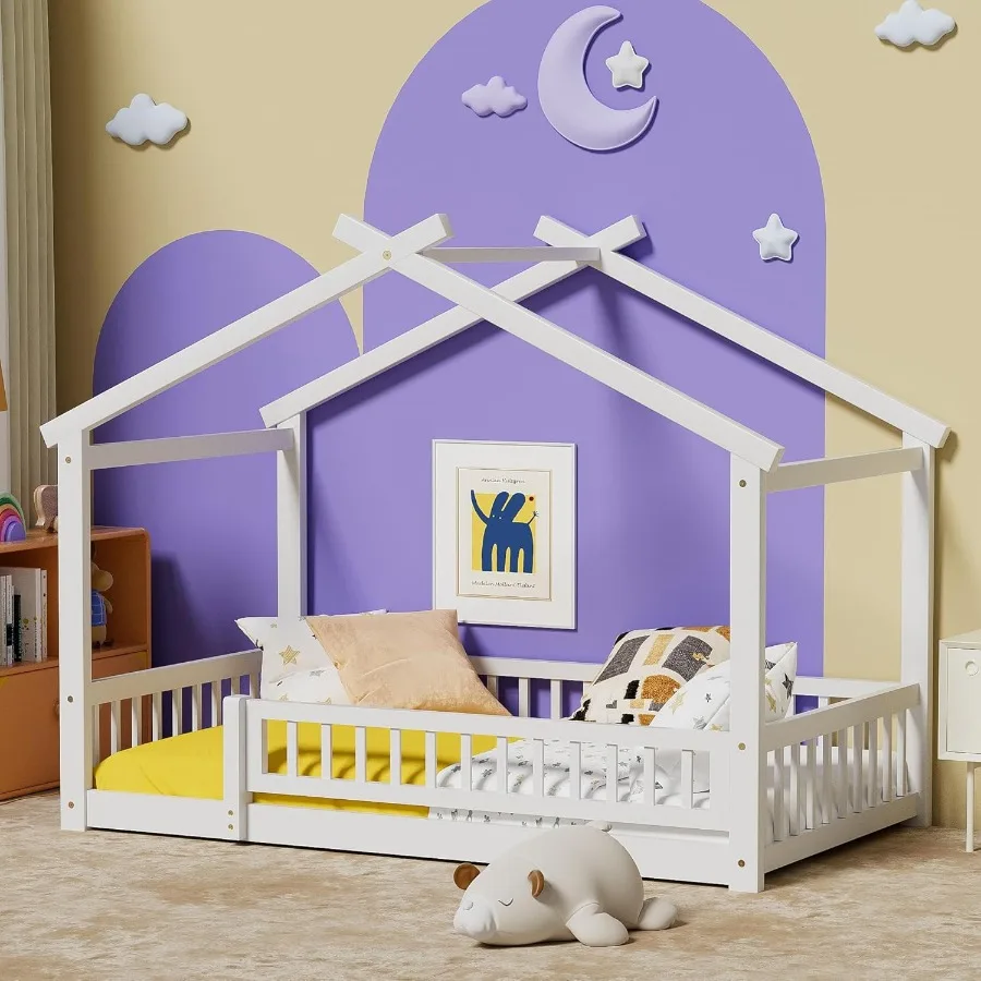 

Кровать-двойной домик с ограждением, деревянная кровать Монтессори с рейками, напольный каркас кровати для мальчиков и девочек, спальня белого цвета