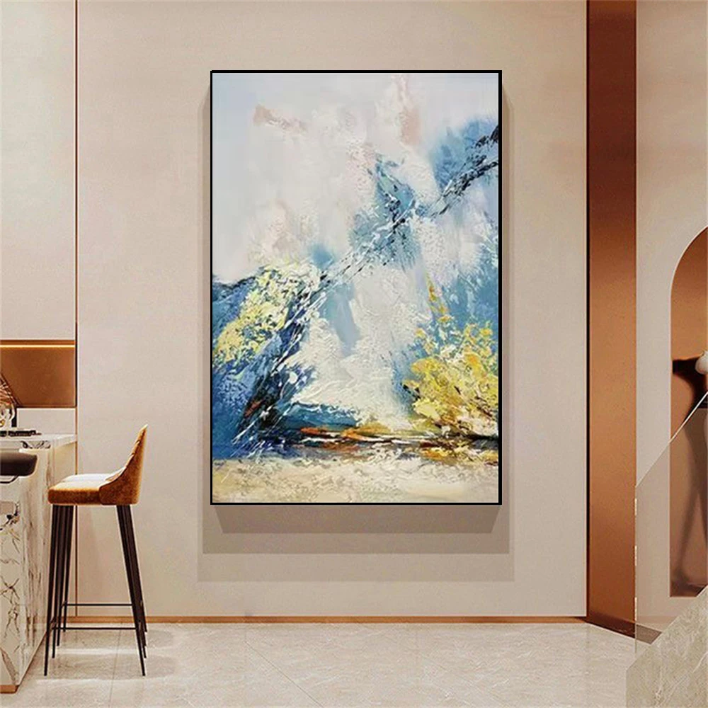 

100% Hand Drawn Abstract Oil Painting, Blue Fashionable Niche Canvas Painting, Wall Art Picture For Home And Living Room Decor