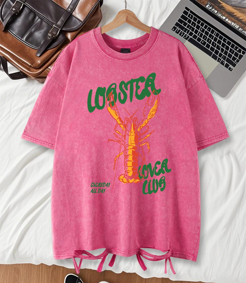 

Creative Crayfish Club Print Washed Holes T Shirt Women Breathable Cotton T-Shirt Hip Hop Y2K Woman Streetwear Loose O-Neck Top