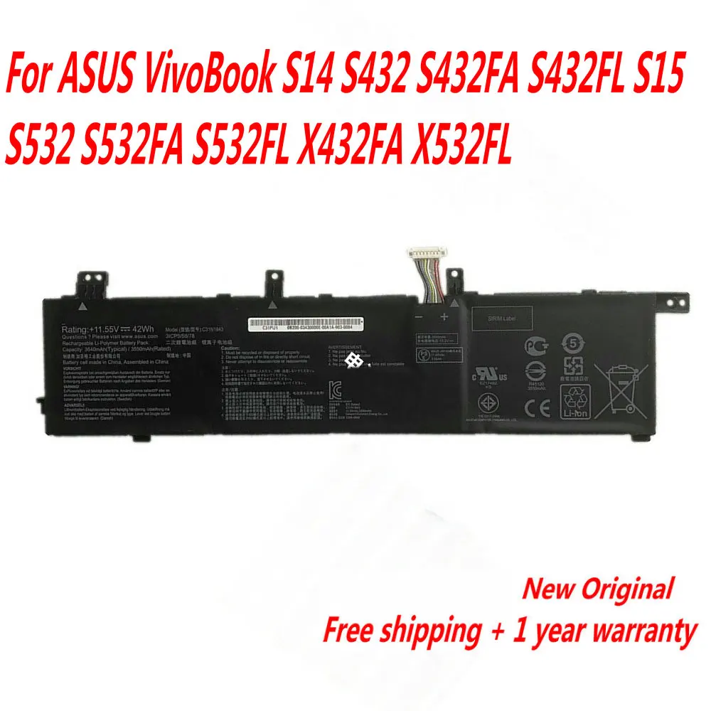 

New C31N1843 0B200-03430000 Laptop Battery For Asus VivoBook S14 S432 S432FA S432FL S15 S532 S532FA S532FL X432FA X532FL