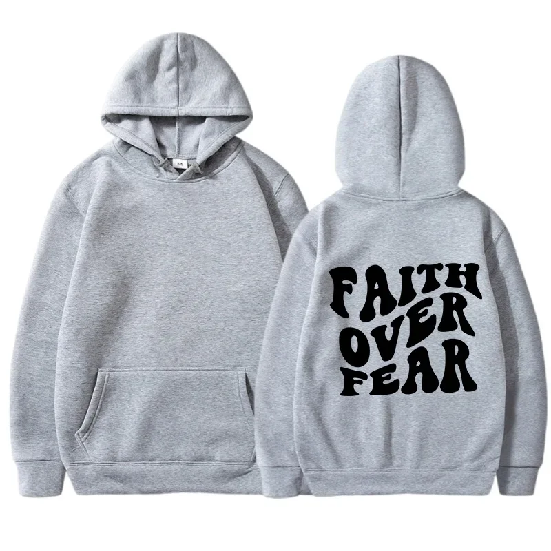 FAITH OVER FEAR Women Plush Sweatshirt Solid Color Letter Print Kangaroo Pocket Drawstring Print Hoodie