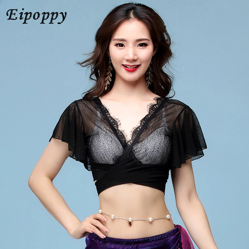 여성용 섹시한 연꽃 소매 속눈썹 레이스 탑, 동양 댄스 원피스, 밸리 댄스 연습복