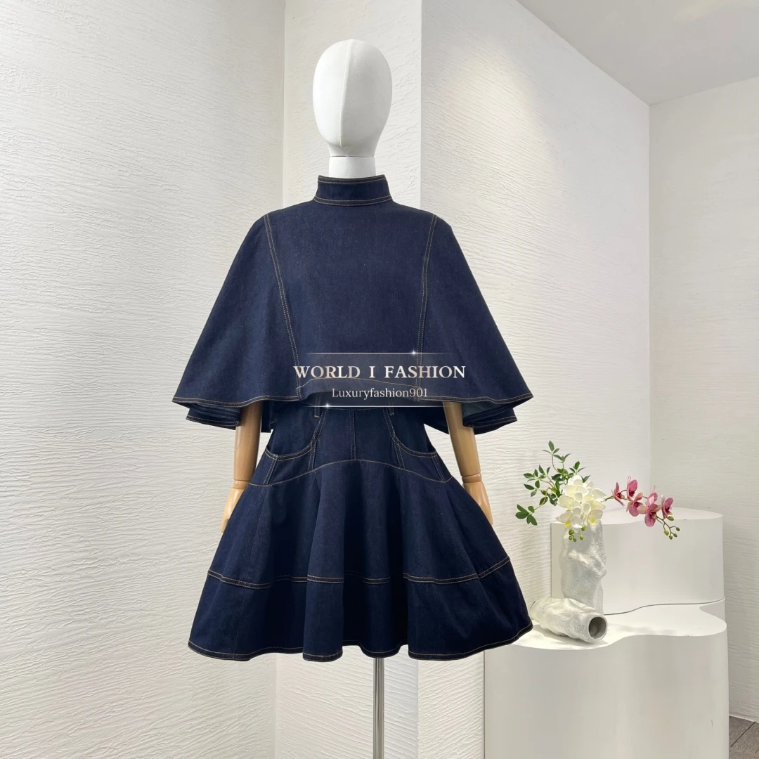 

2025 Новая мода, темно-синяя джинсовая блузка с рукавами 3/4, воротником-стойкой, топы и мини-юбка-миди, комплекты высокого качества