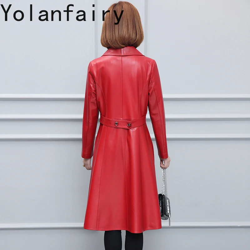 YOLANFAIRY 신상품 리얼 양가죽 트렌치코트 여성 한국 패션 진짜 가죽 재킷 여성 슬림핏 롱 윈드브레이커