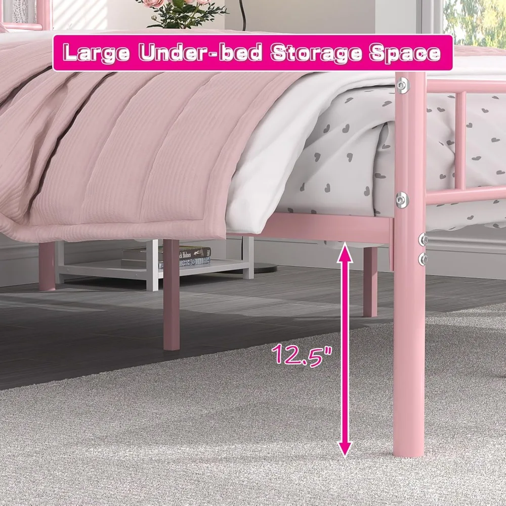 Cadre de lit plateforme en métal pleine grandeur de 14 pouces avec tête de lit et pied de lit, base de matelas robuste, rose