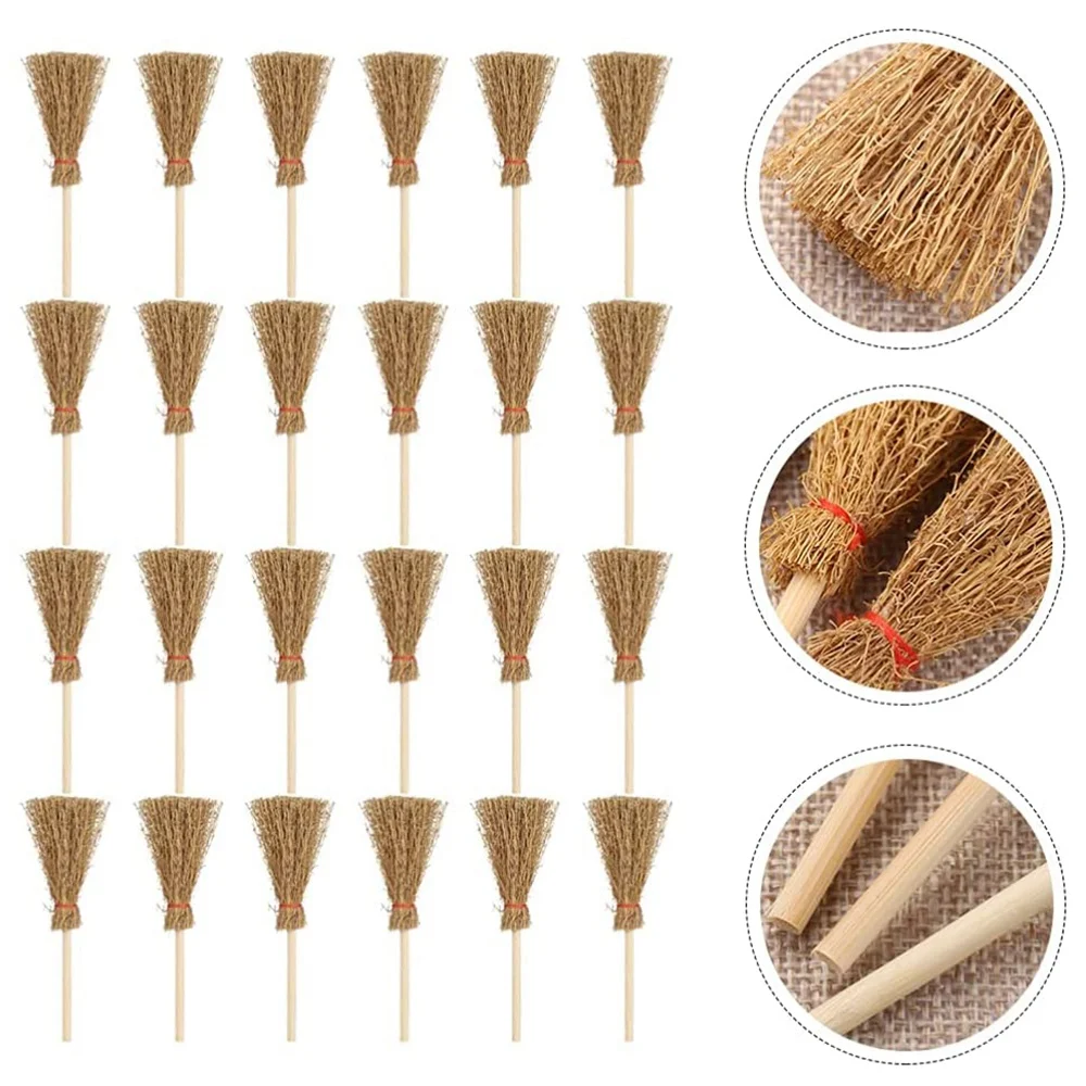 20Pcs Miniature Artificial Mini Straw Brooms with Red Ropes Halloween Straw Decoration Witches Decor Toy