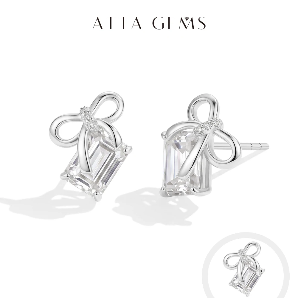 

ATTAGEMS New Bow Earrings Emerald Cut Moissanite Stud Earrings S925 Silver Elegant Dainty Anniversary Wedding Jewelry for Women