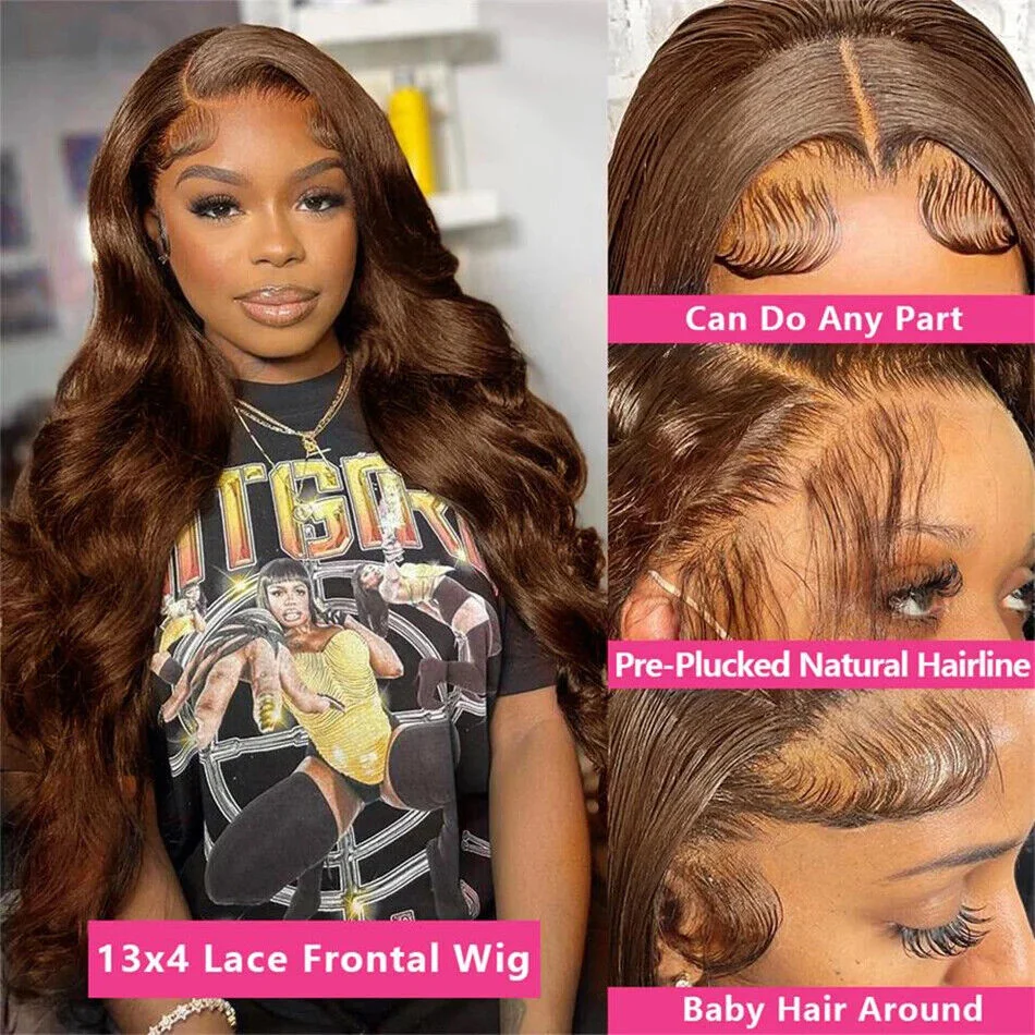 Wig Rambut Manusia Cokelat Gelap Model Body Wave 13x4 13x6 Hd Lace Frontal Wig Kepadatan 200% # 4 Wig Renda Depan Coklat Coklat 16-38 inci