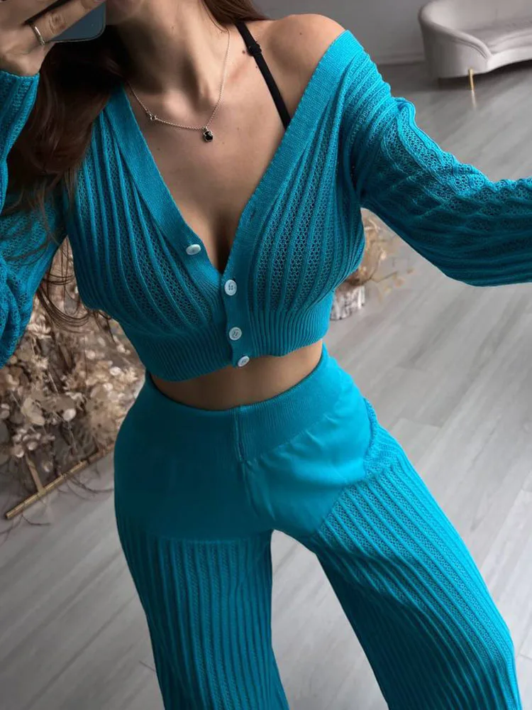 Deioao Knitted Elastic Solid Color 2-Piece Autumn 2023 Women Long Sleeved V-Neck Exposed Navel Top Bodycon High Waist Pants