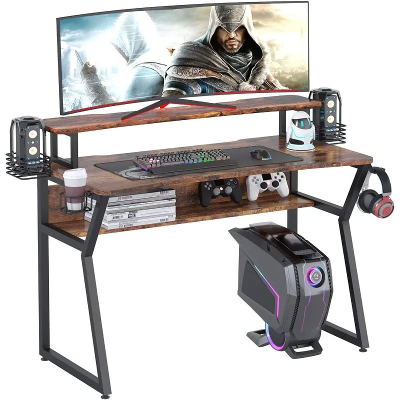 Gaming Desk, Computer Desk with Large Monitor Stand and Open Shelf, PC Laptop Gamer Table Workstation with Cup Holder