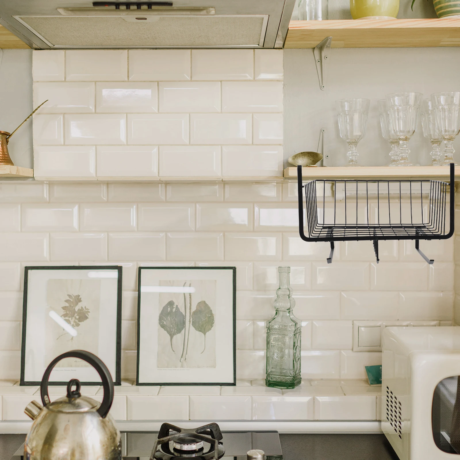 

Iron Hanging Storage Basket For Cabinet No Drill Space Saving Organizer Under Pantry Shelf Multi-Use Kitchen Accessories