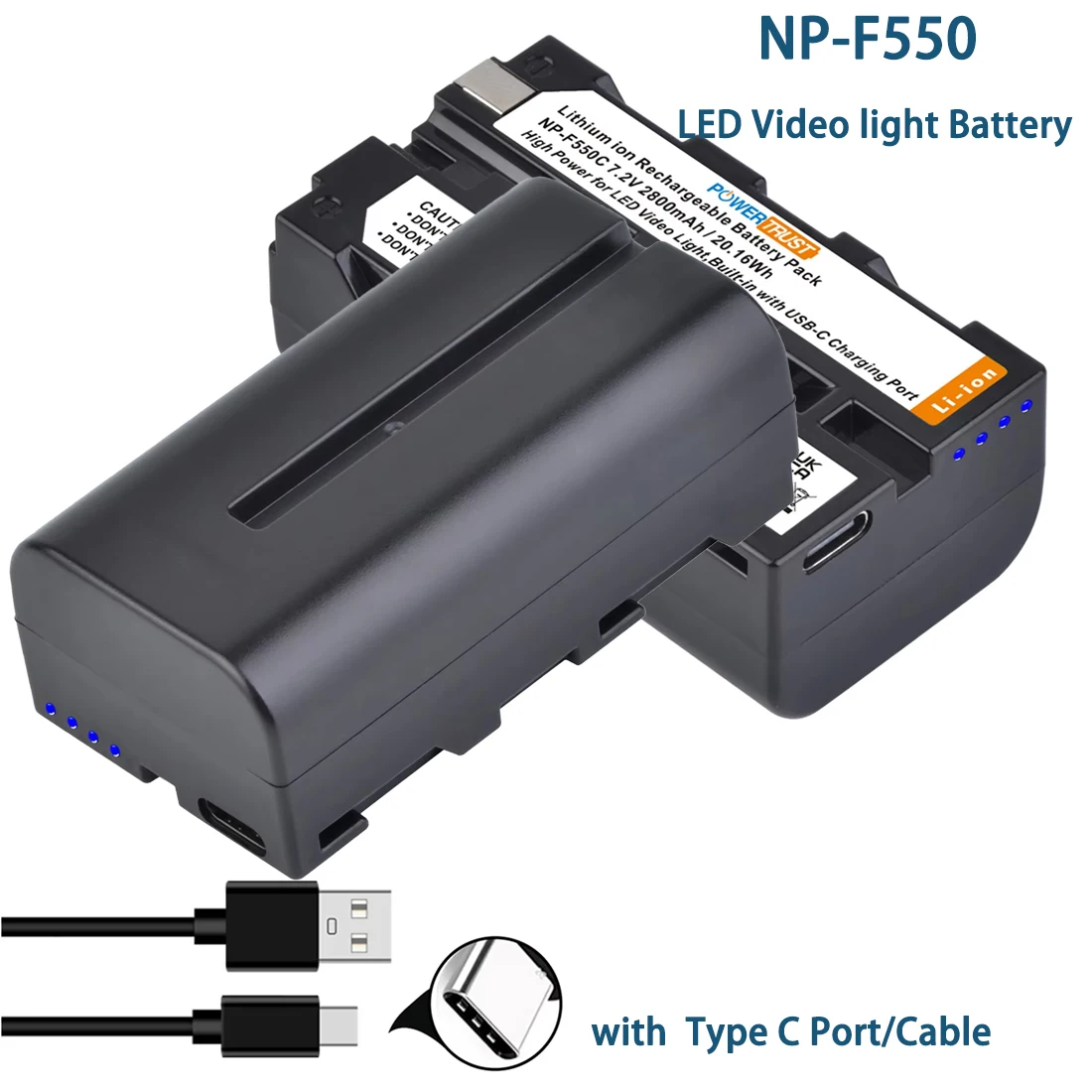 NP-F550 2800mAh Battery with USB Type C Port/Cable Camera Camcorder Video Light Monitor Battery for Sony NP-F550 F750 F950 F970