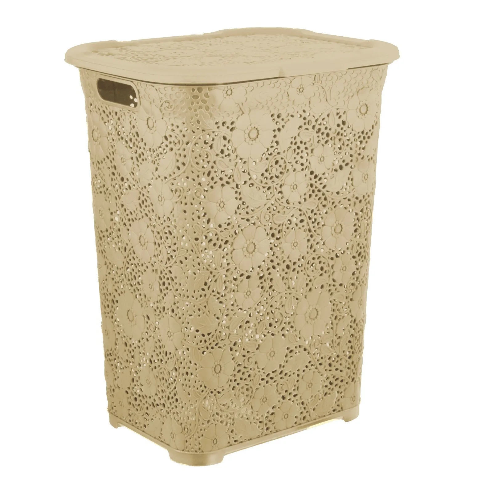 

Plastic Laundry Hamper with Lid, Lace Style - Beige, 50 Liter Durable Hamper