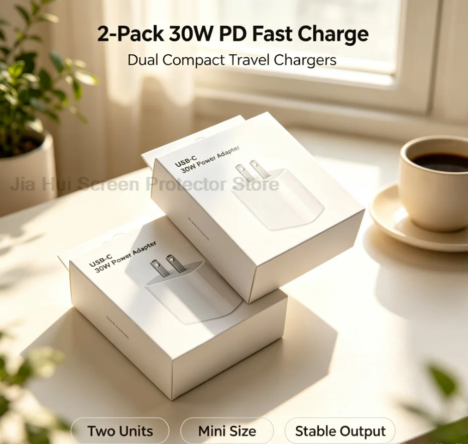 2‑Pack 30W PD Fast Charger US Plug Dual Port USB A Type‑C Mini Portable Wall Power Adapter for iPhone Android Tablet