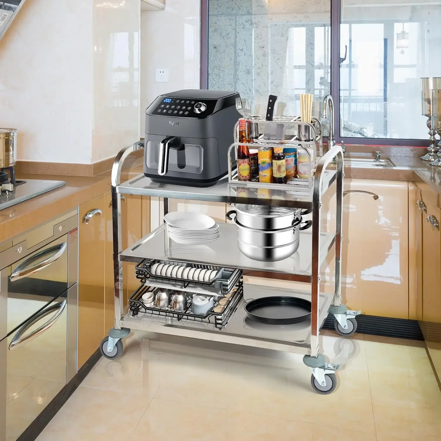 Utility Carts with Wheels Stainless Steel Cart 3 Tier Kitchen Cart Lab Medical Matel Cart with Lockable Wheels for Home Office R