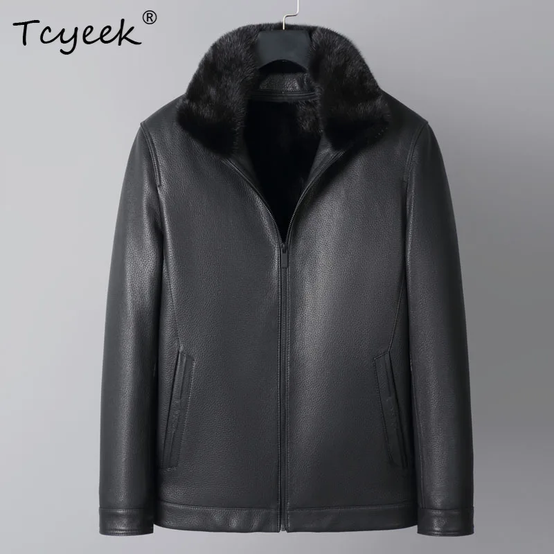 

Tcyeek Верхний слой козьей кожи Куртка из натуральной кожи Мужское пальто из натуральной норки Зимняя одежда Деловые повседневные мужские пальто Куртка Мужская