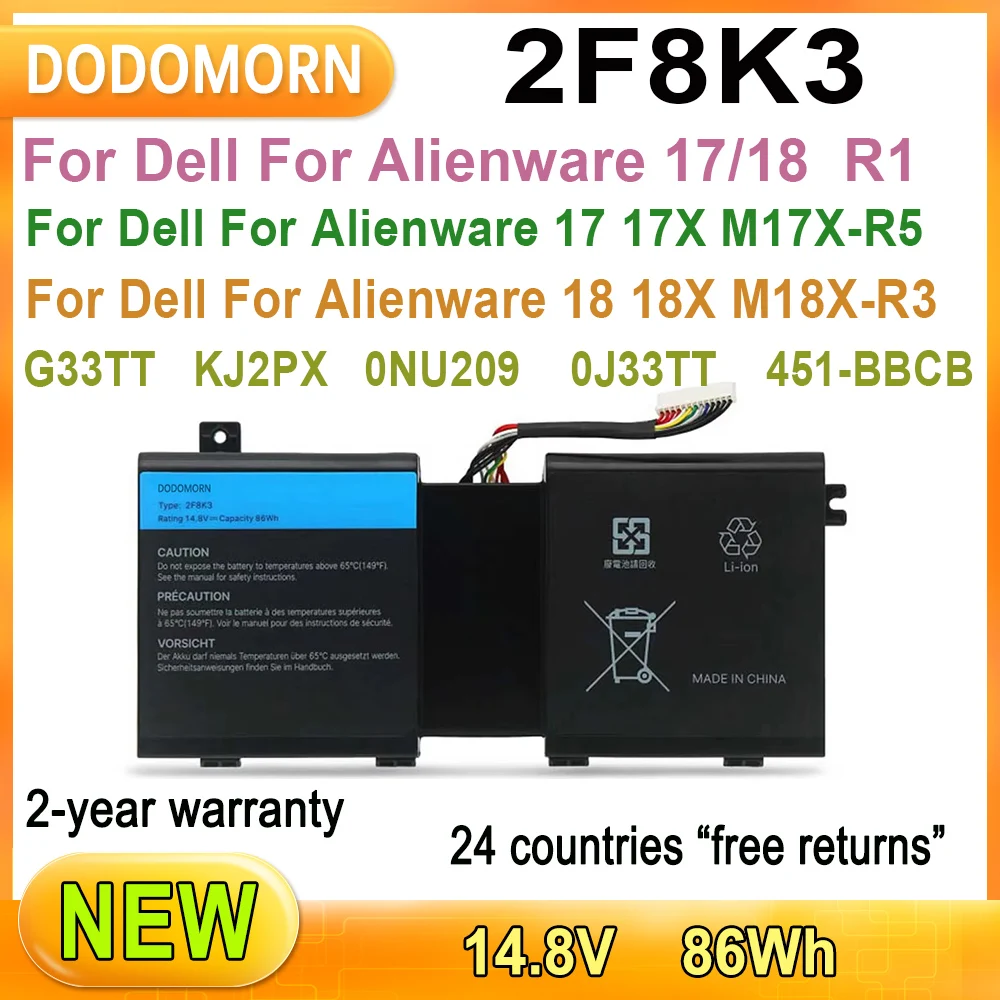 

Новый 2F8K3 Аккумулятор для ноутбука Dell для Alienware 17/18 R1 M17X-R5 P18E P19E G33TT KJ2PX 0NU209 0J33TT 451-BBCB 86 Вт/ч 14,8 в
