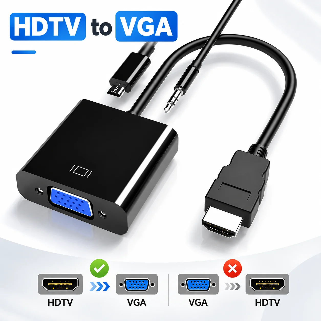 HDMI to VGA Adapter 1080P Full HD HDMI Male to VGA Female Converter with 3.5mm Audio Jack USB Power for Laptop Monitor Projector