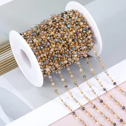 1M Stainless Steel Bead Chain Matte Golden Ball Chain with Dazzling 3mm Clear Crystal Beads Handmade Chain for Jewelry Making