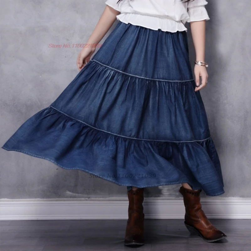 2025 chinese vintage skirt national pleated design ethnic skirt oriental traditional a-line elastic waist folk skirt streetwear