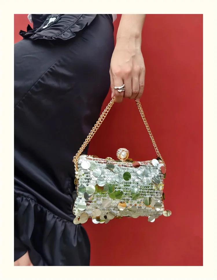 Design Women Glitter Handbag Silver  Sequin Chain Woven Bag Evening Bags Clutch Travel Holiday Shoulder Bag Handbag