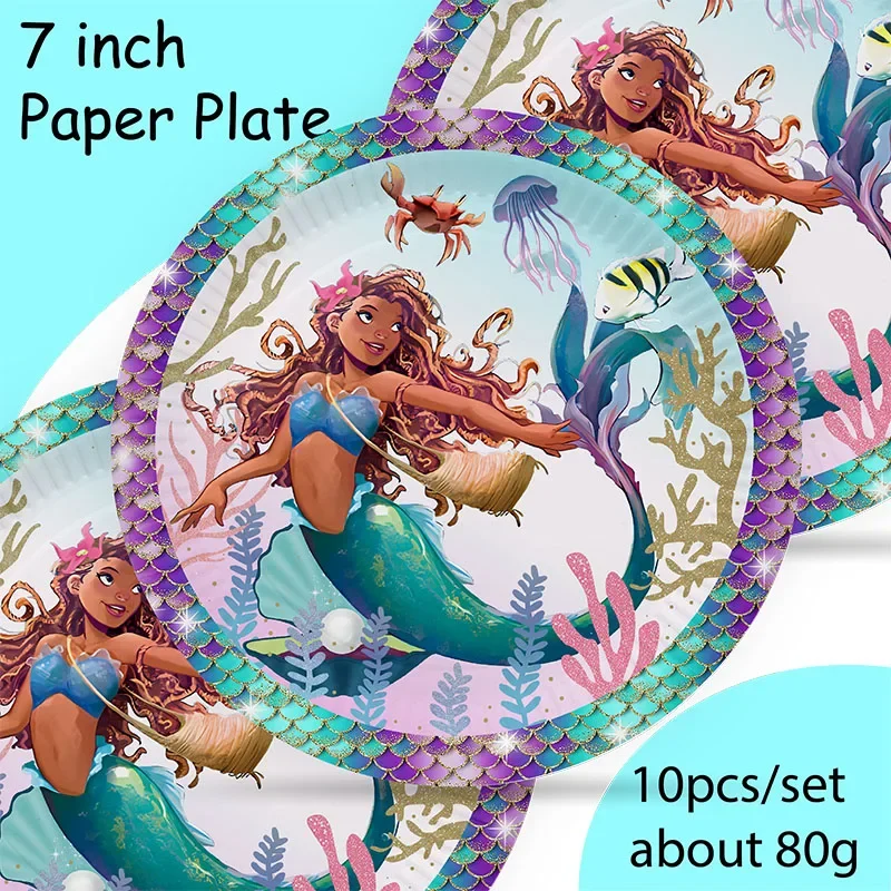 

MINISO Mermaid Party Pink Purple Tableware Set Plates Cups Tablecloth Napkins Banner Girls Birthday Party Decors Baby Shower Sup