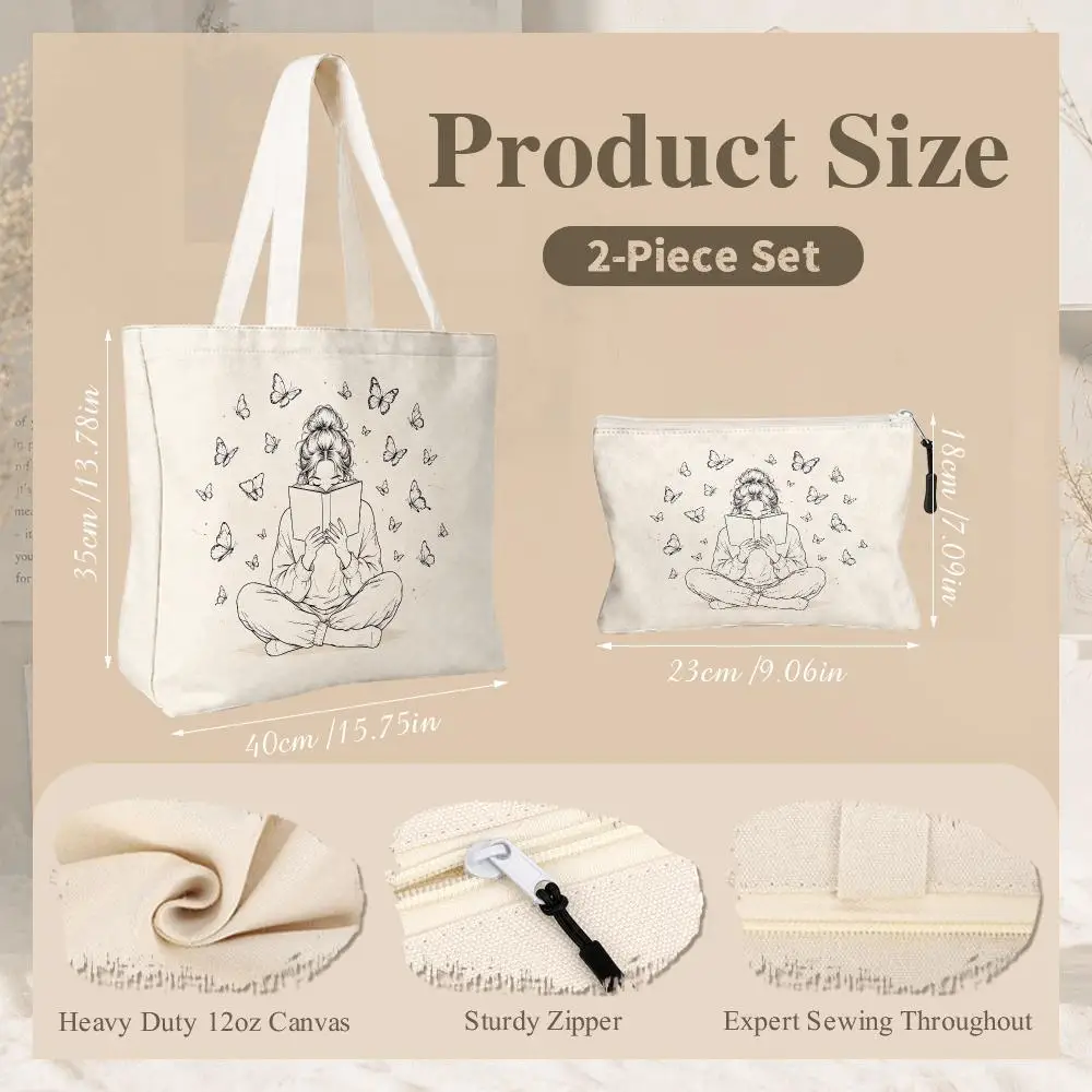 Cozy Reading Girls Storage Bags 2-Piece Zipper Canvas Tote Bag Set Large Capacity Reusable For Work School Shopping &Gift