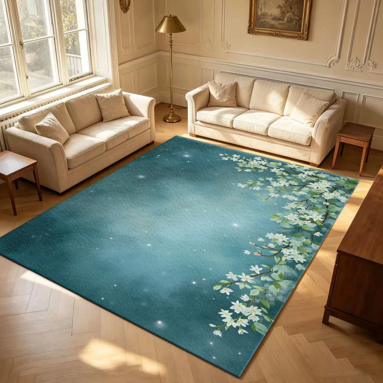Watercolor White Flower Branch Starry Teal Background carpet flooring Soft Floral Floor Rug