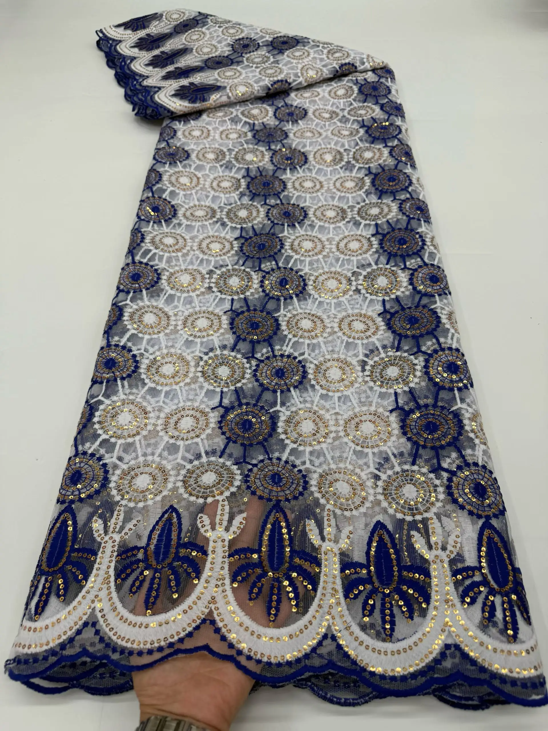 

Новый стиль, синий африканский гипюровый шнур, кружевная ткань с блестками, 2025 г., высококачественная молочная шелковая нигерийская кружевная ткань для платья KR25150