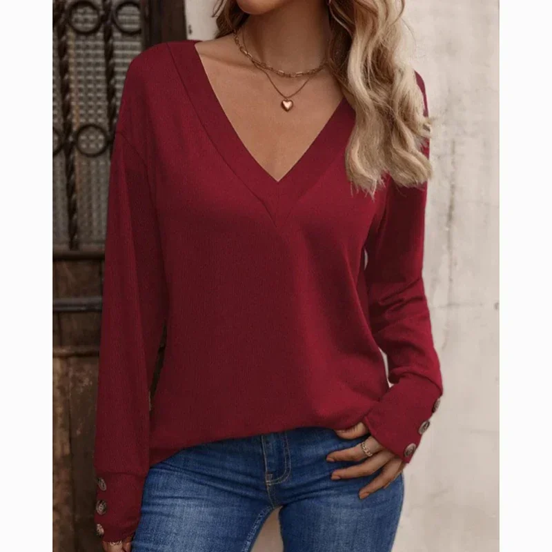 Herfst Dunne V-Hals Pullover T-Shirt Vrouwen Casual Losse Lange Mouw Vrouw T-Shirts Winter Nieuwe Elegante Solide Kantoor Dame Tees 29767