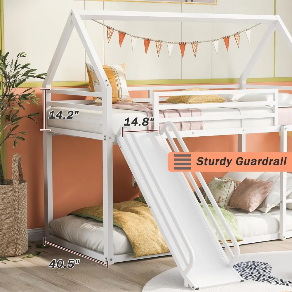 Heavy Metal House Low Bunk Bed with Slide & Ladder Twin Over Twin, Montessori Floor Bunk Bed Frame with Full-Length Guardrail