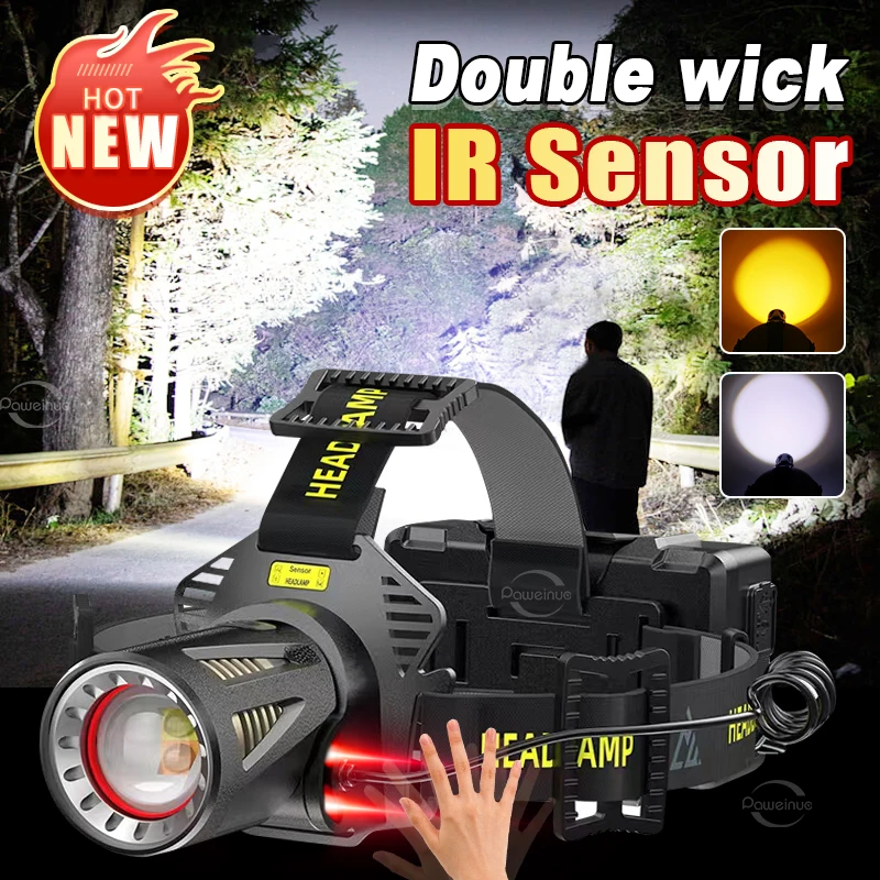 Rechargeable LED Headlamp 2 XHP50 Dual White & Warm Light Motion Sensor Head Light Charging Port Warning Light Camping Fishing