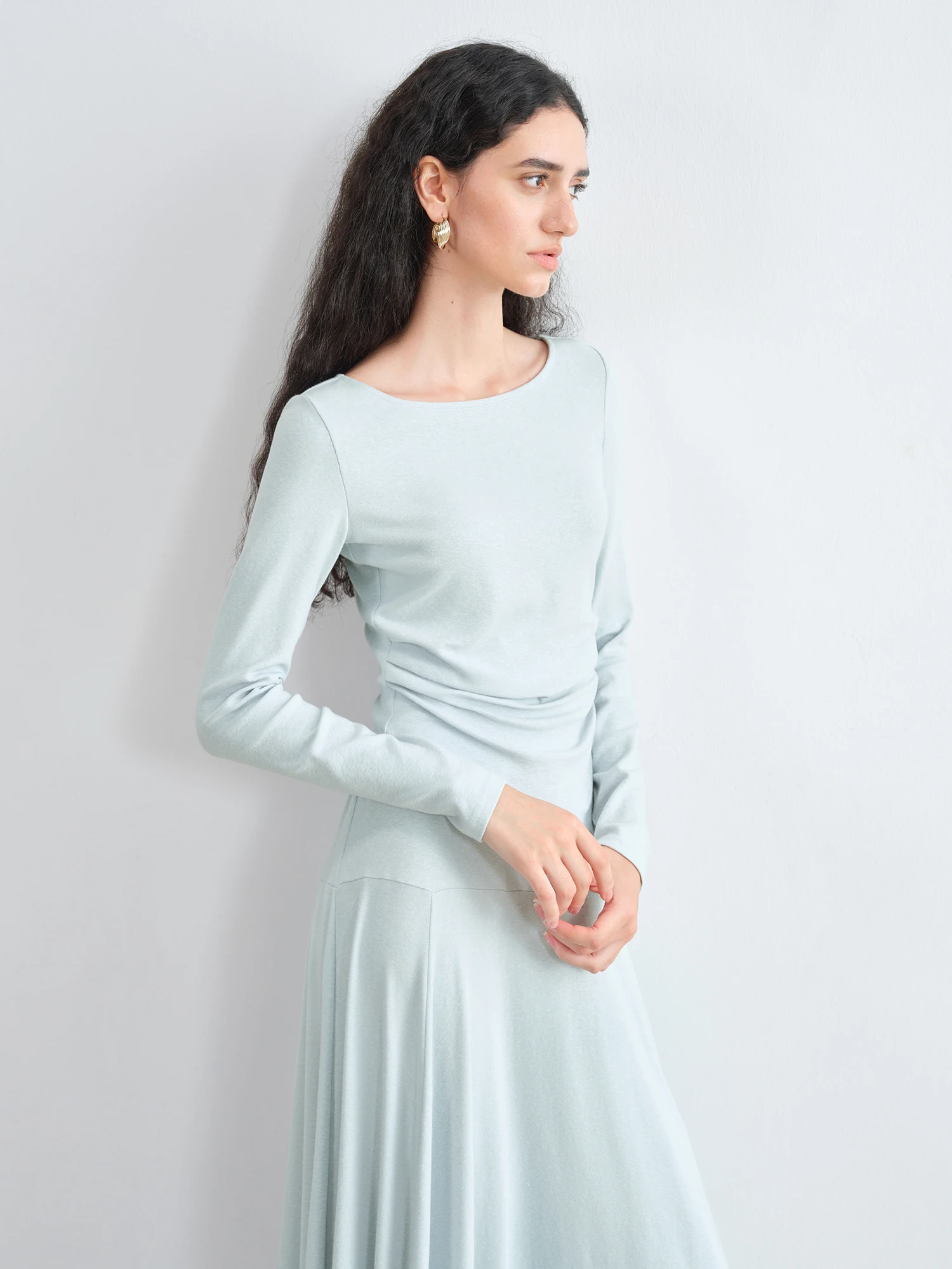 ZIQIAO Autumn 2025 Long Sleeve Set - Blue Soft Tone Matching Top & Skirt Long Length Women Casual Outfit​