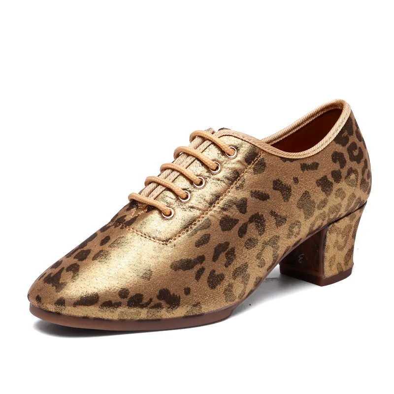 Qualidade Seda Flash Gold Satin Leopard Print Latin Sapatos de dança para mulheres, solas divididas, 5cm calcanhar, dança de salão sapatos para senhoras