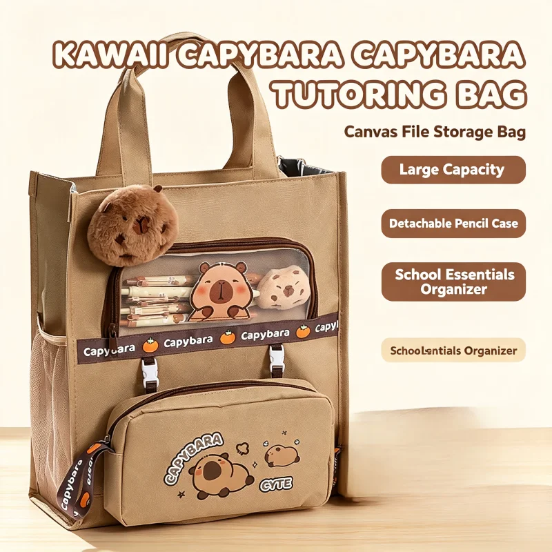 Kawaii Capybara Cartoon Print Canvas Tutorial Bag, Large Capacity Student File Storage Handbag For Primary School Daily School S